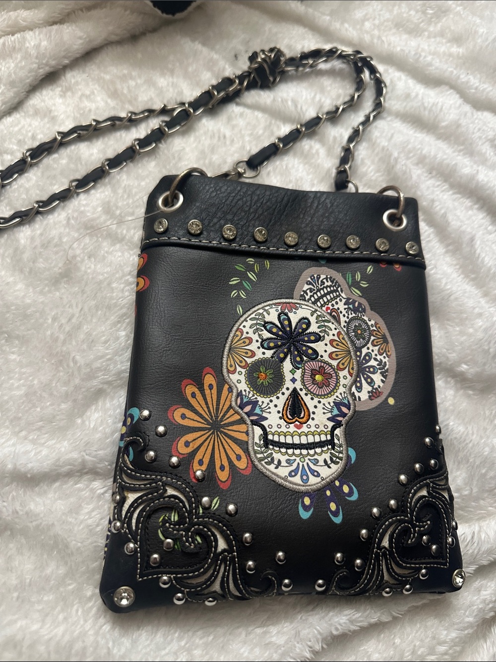 Black Sugar Skull Studded Crossbody Bag